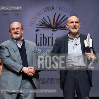 Roma, Auditorium Parco della Musica 16 03 2013.Libri Come, Festa del Libro e della Lettura..Nella foto: Salman Rushdie intervistato da Giancarlo De Cataldo, Melania Mazzucco e Marino Sinibaldi. ©Riccardo Musacchio & Flavio Ianniello/Rosebud2