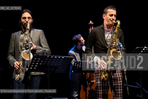 Roma, Auditorium Parco della Musica 17 05 2013.Festival del sassofono Roberto Gatto.special guest .Max Ionata, Francesco Bearzatti, Luca Fattorini.Roberto Gatto batteria.Max Ionata sassofono.Francesco Bearzatti sassofono.Luca Fattorini basso. ©Riccardo Musacchio & Flavio Ianniello/Rosebud2