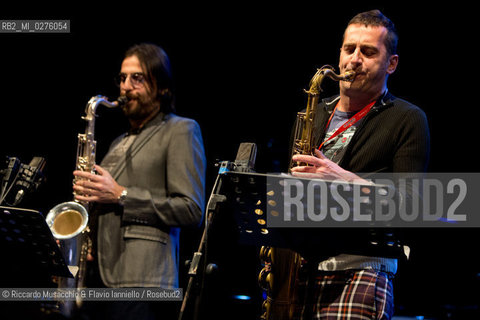 Roma, Auditorium Parco della Musica 17 05 2013.Festival del sassofono Roberto Gatto.special guest .Max Ionata, Francesco Bearzatti, Luca Fattorini.Roberto Gatto batteria.Max Ionata sassofono.Francesco Bearzatti sassofono.Luca Fattorini basso. ©Riccardo Musacchio & Flavio Ianniello/Rosebud2