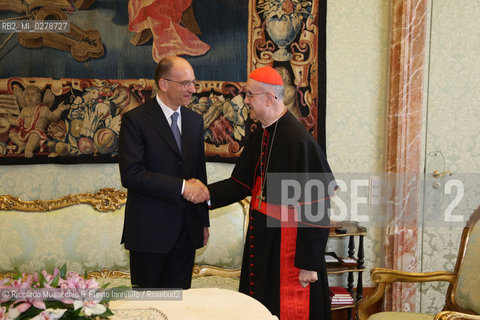 Città del Vaticano, Biblioteca Jul 04 2012.The Holy Father Papa Francesco meet Italian Premier Enrico Letta..In the picture: Enrico Letta meet Mons Tarcisio Bertone. ©Riccardo Musacchio & Flavio Ianniello/Rosebud2
