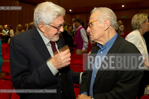 Roma, Auditorium parco della Musica 26 09 2013..Omaggio a Trovajoli .Orchestra e Coro dellAccademia Nazionale di Santa Cecilia.Franco Petracchi direttore.Enrico Pieranunzi pianoforte.Massimo Quarta violino.Nella foto: Ettore Scola e Piero Tosi. ©Riccardo Musacchio & Flavio Ianniello/Rosebud2