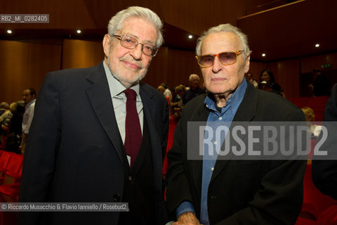 Roma, Auditorium parco della Musica 26 09 2013..Omaggio a Trovajoli .Orchestra e Coro dellAccademia Nazionale di Santa Cecilia.Franco Petracchi direttore.Enrico Pieranunzi pianoforte.Massimo Quarta violino.Nella foto: Ettore Scola e Piero Tosi. ©Riccardo Musacchio & Flavio Ianniello/Rosebud2