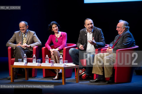 Roma, Auditorium Parco della Musica 14 03 2013.Libri Come. Festa del Libro e della lettura.A caccia del bosone di Higgs.Nella foto da sin: Guido Tonelli, Fabiola Gianotti,  Marco Cattaneo, Luciano Maiani.. ©Riccardo Musacchio & Flavio Ianniello/Rosebud2