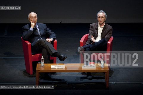 Roma,  Auditorium Parco della Musica 09 03 2012.Libri Come, Festa del Libro e della Letteratura.Nella foto: dialogo fra Paolo Mieli e Marco Travaglio.  ©Riccardo Musacchio & Flavio Ianniello/Rosebud2