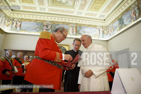 Città del Vaticano 23 06 2016.Papa Francesco riceve in udienza, in Vaticano, il Gran Maestro Fra’ Matthew Festing assieme ad altri dieci Cavalieri dell’Ordine di Malta tutti vestiti con la divisa di ordinanza. ©Riccardo Musacchio & Flavio Ianniello/Rosebud2