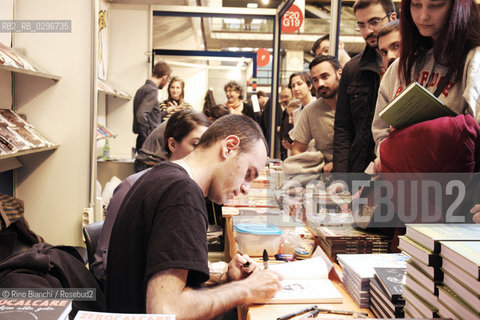 Rome, December 8 2014..Michael Rech Zerocalcare in art, cartoonist, photographed in Rome at the fair of small and medium publishing Più Libri Più Liberi /Michele Rech in arte Zerocalcare, fumettista, fotografato a Roma alla fiera della piccola e media editoria Più Libri Più Liberi..Photo: RINO BIANCHI ©Rino Bianchi/Rosebud2