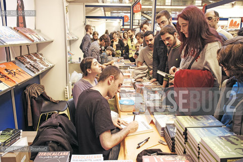 Rome, December 8 2014..Michael Rech Zerocalcare in art, cartoonist, photographed in Rome at the fair of small and medium publishing Più Libri Più Liberi /Michele Rech in arte Zerocalcare, fumettista, fotografato a Roma alla fiera della piccola e media editoria Più Libri Più Liberi..Photo: RINO BIANCHI ©Rino Bianchi/Rosebud2