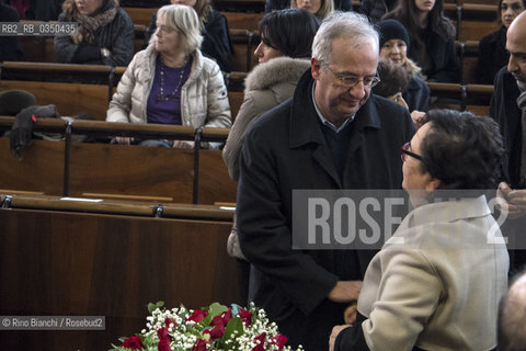 Rome January 7, 2017..Silvana Ferreri receives condolences Walter Veltroni during the memorial service of Tullio De Mauro/Silvana Ferreri riceve le condoglianze di Walter Veltroni durante la commemorazione funebre di Tullio De Mauro..Photo: RINO BIANCHI ©Rino Bianchi/Rosebud2