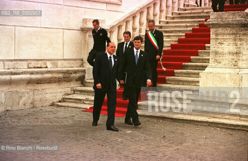 Roma 29 ottobre 2004..Firma della Costituzione europea..Nella foto:Silvio Berlusconi con il Presidente di turno della Comunità Europea Bernard Bot, Romano Prodi e Valter Veltroni.Foto: Rino Bianchi ©Rino Bianchi/Rosebud2