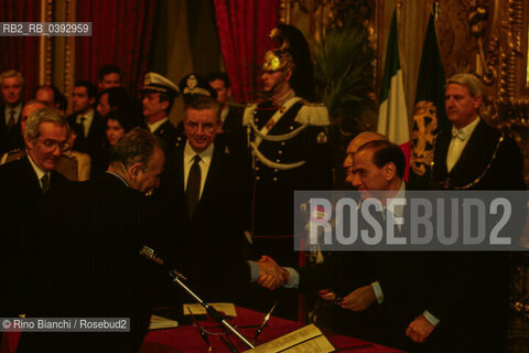 Roma, 10 maggio 1994..Silvio Berlusconi con Giuseppe Tatarella durante il giuramento del Primo Governo Berlusconi.. ©Rino Bianchi/Rosebud2