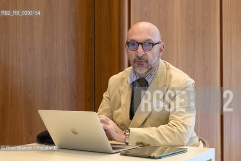 Turin May 21, 2023..Piperno, Alessandro, writer, French scholar, professor of French literature at the Tor Vergata University of Rome, photographed in Turin in the spaces of the Hotel NH/Piperno, Alessandro, scrittore, francesista, docente di letteratura francese presso lUniversità Tor Vergata di Roma, fotografato a Torino negli spazi dellHotel NH. ©Rino Bianchi/Rosebud2