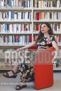 Biella(BI) September 3, 2023..Monica Acito, philologist, teacher and writer, photographed in the spaces of the Biella Civic Library during the Fuoriluogo Festival/Monica Acito, filologa, docente e scrittrice, fotografata negli spazi della Biblioteca Civica di Biella durante il Festival Fuoriluogo. ©Rino Bianchi/Rosebud2