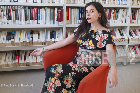 Biella(BI) September 3, 2023..Monica Acito, philologist, teacher and writer, photographed in the spaces of the Biella Civic Library during the Fuoriluogo Festival/Monica Acito, filologa, docente e scrittrice, fotografata negli spazi della Biblioteca Civica di Biella durante il Festival Fuoriluogo. ©Rino Bianchi/Rosebud2