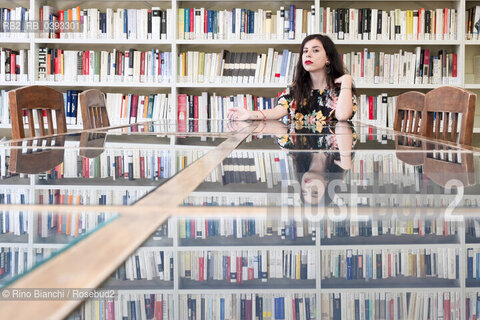 Biella(BI) September 3, 2023..Monica Acito, philologist, teacher and writer, photographed in the spaces of the Biella Civic Library during the Fuoriluogo Festival/Monica Acito, filologa, docente e scrittrice, fotografata negli spazi della Biblioteca Civica di Biella durante il Festival Fuoriluogo. ©Rino Bianchi/Rosebud2