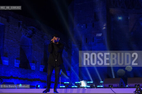 Rome October 5, 2023..Rancore, pseudonym of Tarek Iurcich, Italian rapper, photographed at the Tempio di Venere, during the final evening of the Strega Poetry Prize/Rancore, pseudonimo di Tarek Iurcich, rapper italiano, fotografto al Tempio di Venere, durante la serata finale del Premio Strega Poesia. ©Rino Bianchi/Rosebud2