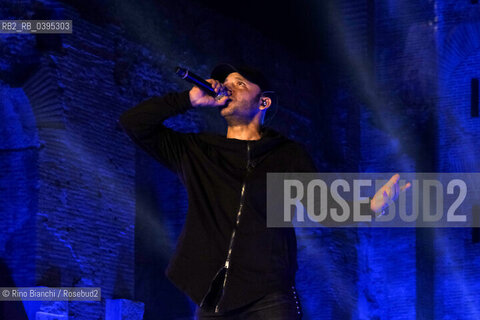 Rome October 5, 2023..Rancore, pseudonym of Tarek Iurcich, Italian rapper, photographed at the Tempio di Venere, during the final evening of the Strega Poetry Prize/Rancore, pseudonimo di Tarek Iurcich, rapper italiano, fotografto al Tempio di Venere, durante la serata finale del Premio Strega Poesia. ©Rino Bianchi/Rosebud2