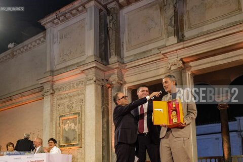 Rome July 3, 2025..Andrea Bajani, writer, with Pino Strabioli and Andrea DAngelo, photographed at the Ninfeo di Villa Giulia after having won the 79th edition of the Strega Prize and the Strega Giovani Prize with his novel Lanniversario (Feltrinelli, 2025)/Andrea Bajani, scrittore, con Pino Strabioli e Andrea DAngelo, fotografati al Ninfeo di Villa Giulia dopo essersi aggiudicato, con il romanzo Lanniversario (Feltrinelli, 2025), la 79esima edizione del Premio Strega e il Premio Strega Giovani. ©Rino Bianchi/Rosebud2