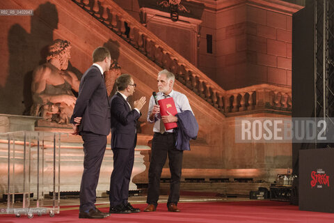 Rome July 8, 2026.Michele Mari between Pino Strabioli, Andrea DAngelo,  Gloria after winning the 80th edition of the Strega Prize/Michele Mari tra Pino Strabioli ed Andrea DAngelo dopo laffermazione alla 80 edizione del Premio Strega. ©Rino Bianchi/Rosebud2