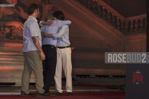 Rome, July 8, 2026.Michele Mari, after winning the 80th edition of the Strega Prize, embraces his children/Michele Mari, dopo laffermazione alla 80 edizione del Premio Strega, abbraccia i figli. ©Rino Bianchi/Rosebud2