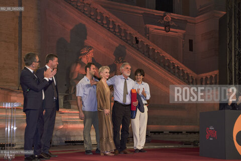 Rome, July 8, 2026.Michele Mari with his wife and sons, Pino Strabioli and Andrea DAngelo, after winning the 80th edition of the Strega Prize/Michele Mari con la moglie, i figli,  Pino Strabioli ed Andrea DAngelo dopo laffermazione alla 80 edizione del Premio Strega, ©Rino Bianchi/Rosebud2