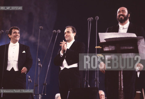 Placido Domingo, Jose Carreras, Luciano Pavarotti, concerto Tre Tenori a Caracalla, cantanti, lirica, ritratto 1990, Roma, Italia / Placido Domingo, Jose Carreras, Luciano Pavarotti, concert Three Tenors at Caracalla,singers, lirica, potrait 1990, Rome, Italy. ©Massimo Perelli/Rosebud2