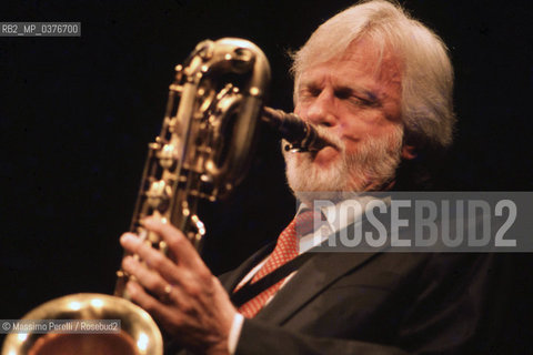 Gerry Mulligan, sassofonista, musica jazz, ritratto 1985, Roma, Italia / Gerry Mulligan, saxofonist, jazz music, potrait 1985, Rome, Italy. ©Massimo Perelli/Rosebud2