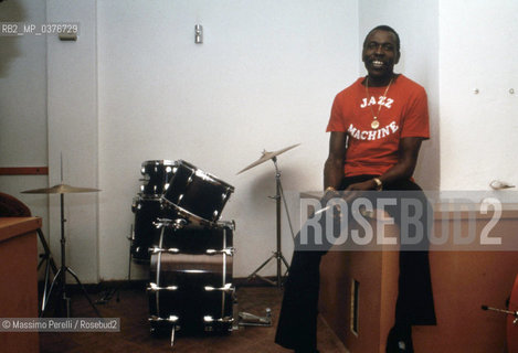 Elvin Jones, batterista, musica jazz, ritratto 1980, Roma, Italia / Elvin Jones, drummer, jazz music, potrait 1980, Rome, Italy. ©Massimo Perelli/Rosebud2