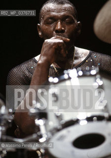 Elvin Jones, batterista, musica jazz, ritratto 1985, Roma, Italia / Elvin Jones, drummer, jazz music, potrait 1985, Rome, Italy. ©Massimo Perelli/Rosebud2