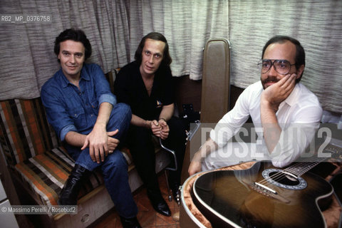 John Mc Laughlin, Paco De Lucia, Al Di Meola, chitarristi, musica jazz, ritratto 1986, Roma, Italia / John Mc Laughlin, Paco De Lucia, Al Di Meola, guitarists, jazz music, potrait 1986, Rome, Italy. ©Massimo Perelli/Rosebud2