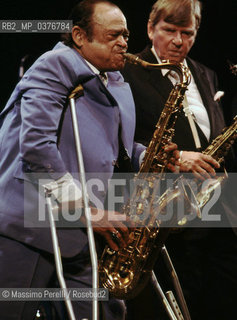 Arnett Cobb, sassofonista, musica jazz, ritratto 1985, Roma, Italia / Arnett Cobb, saxophonist, jazz music, potrait 1985, Rome, Italy. ©Massimo Perelli/Rosebud2