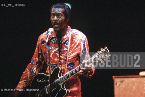 Chuck Berry, cantante, chitarrista, musica rock, ritratto 1989, Roma, Italia / Chuck Berry, singer, guitarist, rock music, potrait 1989, Rome, Italy. ©Massimo Perelli/Rosebud2