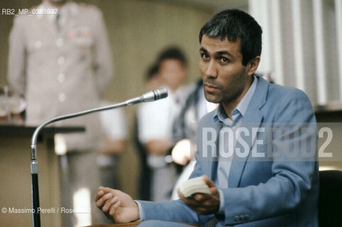 Ali Agca,attentatore di Papa Wojtyla in processo, Aula Bunker Foro Italico, ritratto 1985, Roma, Italia / Ali Agca, Popes bomber, process, Aula Bunker Foro Italico, potrait 1985, Rome, Italy. ©Massimo Perelli/Rosebud2