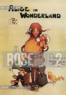 c. 1910: Cover of an English edition of  Alices Adventures in Wonderland by Lewis Carroll (first edition 1860) illustrated by Mabel Lucie Attwell , Raphael Tuck and Sons publishers / 1910 c.: Copertina di unedizione inglese di Alice nel Paese delle meraviglie di Lewis Carroll (prima ed. 1860) illustratto da Mabel Lucie Attwell , Raphael Tuck and Son editori  - Reproduced by MaMoArchives/Rosebud2