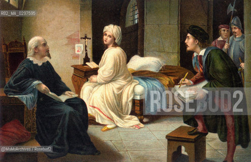 Painter Guido Reni making a portrait of Beatrice Cenci in prison (painting of the nineteenth century by Achille Leonardi). Beatrice Cenci  (1577-1599) was an Italian noblewoman who was sentenced to death for having participated in the killing of his father, Francesco Cenci, an aristocrat who haunted her, even sexually abusing, and his family. Beatrice then became a symbol for the people of Rome of resistance against the arrogant aristocracy and she has been the subject of a number of literary and musical work / Il pittore Guido Reni mentre fa il ritratto a Beatrice Cenci in prigione, dipinto del XIX sec. di Achille Leonardi. Beatrice Cenci (1577-1599) fu una nobile romana condannata a morte per aver partecipato alluccisone del padre, Francesco Cenci, un aristocratico che opprimeva lei, anche abusandone sessualmente, e la sua famiglia. Beatrice divenne per il popolo di Roma un simbolo di resistenza contro larroganza dei nobili ed è stata il soggetto di diverse opere letterarie e musicali - Reproduced by MaMoArchives/Rosebud2