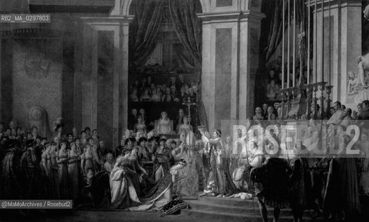Napoleon Bonaparte crowns himself and his wife Joséphine de Beauharnais Emperor and Empress of France: painting by official Napoleons painter Jacques-Louis David (Consecration of the Emperor Napoleon I and Coronation of the Empress Josephine in the Cathedral of Notre-Dame de Paris on 2 December 1804), completed in 1807, now at Louvre Museum) / Napoleone Bonaparte incorona se stesso e sua moglie Joséphine Beauharnais Imperatore ed Imperatrice di Francia: dipinto di Jacques-Louis David, pittore ufficiale di Napoleone (Consacrazione dellImperatore Napoleone I e incoronazione dellimperatrice Giuseppina nella Cattedrale di Notre-Dame de Paris il 2 dicembre 1804), terminato nel 1807 e attualmente al Museo del Louvre) - Reproduced by MaMoArchives @MaMoArchives/Rosebud2