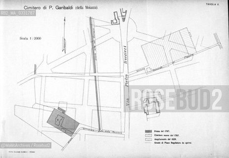 Milano, Pianta del cimitero della Mojazza, storicamente chiamato cimitero di Porta Comasina, poi di Porta Garibaldi. Era uno dei cinque cimiteri cittadini, collocati fuori dalle porte di Milano, soppressi negli anni successivi allapertura del Cimitero Monumentale e del Cimitero Maggiore. Sorto nel 1685 presso la cascina Mojazza, fuori da porta Comasina, in unarea individuabile oggi fra le vie Jacopo Dal Verme, Cola Montano, Angelo Della Pergola e piazzale Archinto, nel quartiere Isola. Venne in seguito trasferito nel 1786 in unarea corrispondente allattuale piazzale Lagosta / Milan, Plan of the Mojazza Cemetery, called the cemetery of Porta Comasina, then of Porta Garibaldi. It was one of the five cemeteries in the city, placed outside the gates of Milan, suppressed in the years following the opening of the Monumental Cemetery and Main Cemetery (Cimitero Maggiore). It was built in 1685 at the Cascina Mojazza, out Porta Comasina, in an area identified today through the streets Jacopo Dal Verme, Cola Montano, Angelo Della Pergola and Piazza Archinto. It was later transferred in 1786 in an area corresponding to the present Piazzale Lagosta, in the Isola district - Reproduced by MaMoArchives/Rosebud2