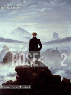 Wanderer above the Sea of Fog (Der Wanderer über dem Nebelmeer), oil painting on canvas by German Romantic painter Caspar David Friedrich made in 1818, exhibited at the Hamburger Kunsthalle in Hamburg / Il Viandante sul mare di nebbia (Der Wanderer über dem Nebelmeer), dipinto a olio su tela del pittore romantico tedesco Caspar David Friedrich realizzato nel 1818, esposto al Hamburger Kunsthalle di Amburgo - Reproduced by MaMoArchives/Rosebud2