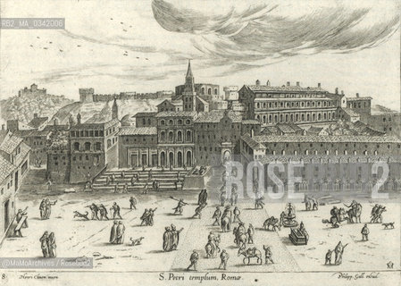 Rome, Saint Peters Square in an engraving by Philipp Galle (end of the sixreenth century). Constantines ancient basilica, built from 319 upon the tomb of St. Peter and completed in 349. The construction of the present basilica that replaced it began in 1450 and was completed in the middle of the XVII century / Roma, piazza San Pietro in una incisione di Philipp Galle (fine del XVI secolo). Lantica basilica di Costantino, costruita a partire dal 319 sopra la tomba di San Pietro e completata nel 349. La costruzione dellattuale basilica che la sostituì iniziò nel 1450 e fu completata a metà del XVII secolo - Reproduced by MaMoArchives @MaMoArchives/Rosebud2