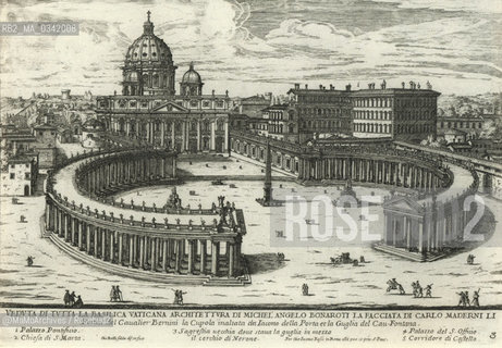 Rome, St. Peters Square completed as we know it today in an engraving by Giovanni Battista Falda (about 1667). Carlo Maderno has built the façade (1607-1614) and Bernini the colonnade / Roma, piazza San Pietro completata così come la vediamo oggi, in una incisione di Giovanni Battista Falda (1667 circa). Carlo Maderno ha realizzato la facciata (1607-1614) e Bernini il colonnato - Reproduced by MaMoArchives/Rosebud2