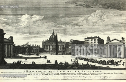 Rome, St. Peters Square in an engraving by Gomar Wouters (1690). In the foreground, there are some ancient ruins as it was most common in the streets of Rome at that time / Roma, piazza San Pietro in unincisione di Gomar Wouters (1690). In primo piano si vedono alcuni resti architettonici, che spesso si potevano trovare nelle strade di Roma a quel tempo - Reproduced by MaMoArchives/Rosebud2