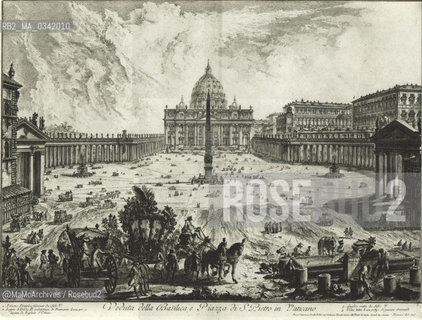 Rome, St. Peters Square in an engraving by Piranesi (1762). In the foreground, there is a  water trough for animals, in those times present by every major fountain / Roma, piazza San Pietro in una incisione di Piranesi (1762). In primo piano si vede un abbeveratoio per gli animali, comera tipico allepoca vicino alle grandi fontane - Reproduced by MaMoArchives/Rosebud2