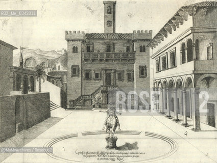 Rome, Capitol Square in an engraving of the XVI century. Only the main stairs of the Palazzo Senatorio and the base of the statue of Marcus Aurelius were completed as long as Michelangelo was alive. The palace on the right and the bell tower has not yet been modified / Roma, piazza del Campidoglio in una stampa del Cinquecento. Solo la scalinata del palazzo Senatorio e il basamento della statua di Marco Aurelio furono realizzati mentre Michelangelo era ancora in vita. Il palazzo a destra e il campanile non sono ancora stati modificati - Reproduced by MaMoArchives/Rosebud2