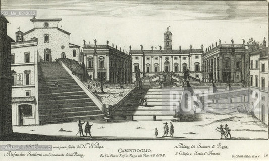 Rome, Capitol Square in an engraving by Giovanni Battista Falda (1665). The Michelangelos  square is finished. The buildings to the left of the stairs to the Santa Maria in Aracoeli Church are still intact. They where demolished at the beginning of the XX century to build the monument to king Vittorio Emanuele II / Roma, piazza del Campidoglio. La piazza progettata da Michelangelo è compiuta. Sul lato sinistro della chiesa di Santa Maria in Aracoeli sono ancora presenti le case che verranno demolite agli inizi del 900 per fare spazio al monumento a Vittorio Emanuele II - Reproduced by MaMoArchives/Rosebud2