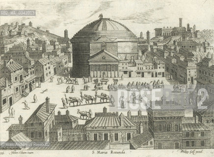 Rome, Piazza della Rotonda in an engraving by Philipp Galle (XVI century) before the construction of the fountain by Giacomo della Porta (1578). In front of the Pantheon there was a basin in porphyry with at its sides the lions in basalt found at the time of pope Eugene IV (1431-47) in clearing the square from rubble produced by the devastations of the Barbarians and then collocated on the Moses Fountain at Termini / Roma, piazza della Rotonda in una incisione di Philipp Galle (XVI secolo), prima della costruzione della fontana di Giacomo della Porta (1578). Di fronte al Pantheon si nota una vasca di porfido con ai lati i due leoni trovati al tempo di papa Eugenio IV (1431-47) tra le rovine che occupavano la piazza dopo le invasioni dei Barbari e che in seguito furono posti sulla fontana del Mosè a Termini - Reproduced by MaMoArchives/Rosebud2