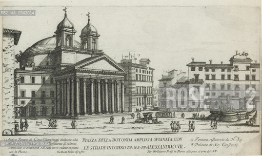 Rome, Piazza della Rotonda in an engraving by Giovanni Battista Falda (about 1665). At that time, on the Pantheon two baroque bell towers by Bernini, known as the donkeys ears, replaced the romanesque one (but in 1883 also them were demolished) / Roma, piazza della Rotonda in una incisione di Giovanni Battista Falda (1665 circa). In questo periodo, sul Pantheon due campanili barocchi opera del Bernini detti orecchie dasino sostituirono quello romanico (ma nel 1883 anche questi furono demoliti) - Reproduced by MaMoArchives/Rosebud2