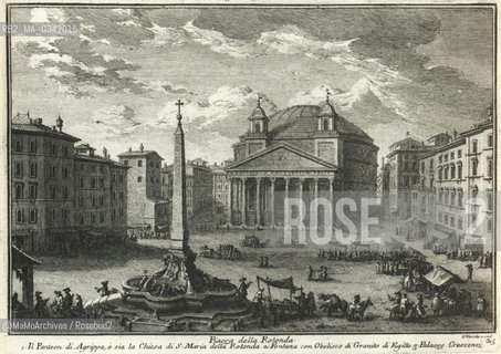 Rome, Piazza della Rotonda in an engraving by Giuseppe Vasi (1752). Behind the fountain there was a water trough for animals, then removed. The kerbstone enclosure was eliminated in 1928 / Roma, piazza della Rotonda in una incisione di Giuseppe Vasi (1752). Dietro la fontana cera un abbeveratoio per animali, in segiuto rimosso. La recinzione con paracarri fu rimossa nel 1928 - Reproduced by MaMoArchives/Rosebud2