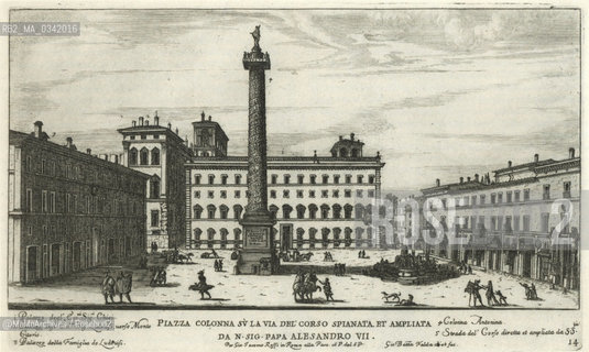 Rome, Piazza Colonna in an engraving by Giovanni Battista Falda (1665). On the right is Palazzo Piombino, later demolished and replaced by the Galleria Colonna. On the left is Palazzo Ludovisi wich in 1838 was modified with the addition of the portico made up of ancient columns from Vejo / Roma, piazza Colonna in una incisione di Giovanni Battista Falda (1665). A destra cè palazzo Piombino, in seguito demolito e sostituito dalla galleria Colonna. A sinistra è palazzo Ludovisi che fu modificato nel 1838 con laggiunta del portico formato da antiche colonne provenienti da Veio - Reproduced by MaMoArchives/Rosebud2