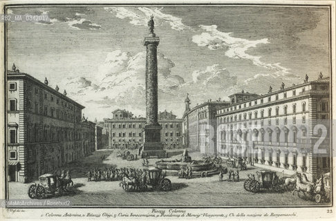 Rome, Piazza Colonna in an engraving by Giuseppe Vasi (1752). Palazzo Ludovisi still without portico and Palazzo Chigi, several times reworked in XVII century, with the addiction of a raised attic and without a previous balustrade coping / Roma, Piazza Colonna in una incisione di Giuseppe Vasi (1752). Palazzo Ludovisi ancora senza il portico e palazz Chigi, più volte rimaneggiato nel XXVII secolo, con laggiunta di un attico sopraelevato e privo di un precedente coronamento a balaustra - Reproduced by MaMoArchives/Rosebud2