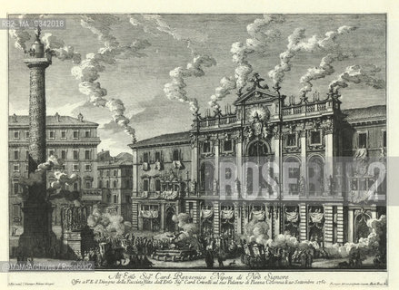 Rome, Piazza Colonna in an engraving by Giuseppe Vasi (1761). The façade of Palazzo Crivelli (now Galleria Colonna or Galleria Alberto Sordi) made for the feast of 20 September 1761. It was customary in special occasions to build fake façades and burn them at the end of the feast / Roma, piazza Colonna. La facciata di Palazzo Crivelli (ora Galleria Colonna o Galleria Alberto Sordi) costruita in occasione della festa del 20 settembre 1761. Allepoca cera la tradizione di costruire finte facciate in occasioni speciali e di bruciarle alla fine della festa - Reproduced by MaMoArchives/Rosebud2