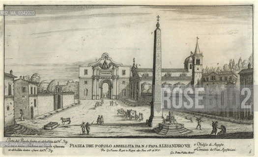 Rome, Piazza del Popolo in an engraving by Giovanni Battista Falda (1665). The square before the neoclassical transformation by Valadier (1816-20): There are   the obelisk erected in 1589,  the fountain by Giacomo della  Porta later substituted by that designed by Valadier (now it is in piazza Nicosia), a water trough for animals and the internal façade of Porta del Popolo made by Bernini in 1655 / Roma, piazza del Popolo in una incisione di Giovanni Battista Falda (1665). La piazza prima della trasformazione neoclassica di Giuseppe Valadier (1816-20): si notano lobelisco eretto nel 1589, la fontana di Giacomo della Porta poi sostituita da quella del Valadier (oggi è in piazza Nicosia), un abbeveratoio per animali e la facciata interna di porta del Popolo opera del Bernini - Reproduced by MaMoArchives/Rosebud2